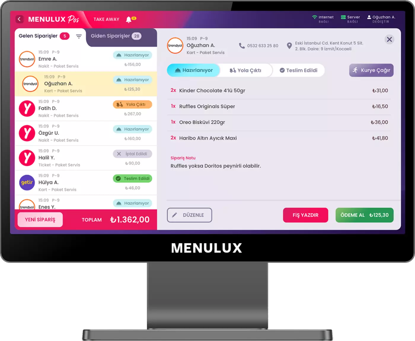 Menulux POS Sistemleri - Sipariş ve Ödeme Çözümleri - Paket Sipariş Ekranı