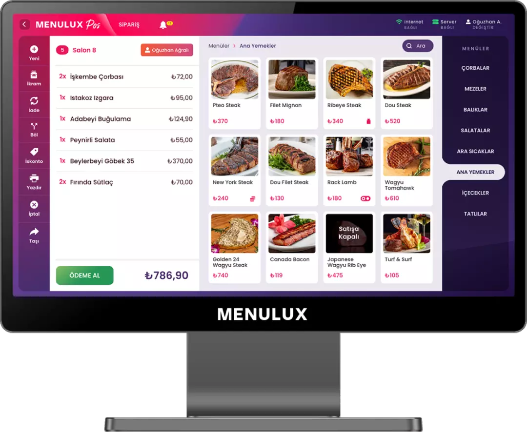 Menulux POS Sistemleri - Restoran Adisyon Programı - Sipariş Sistemi Ekranı