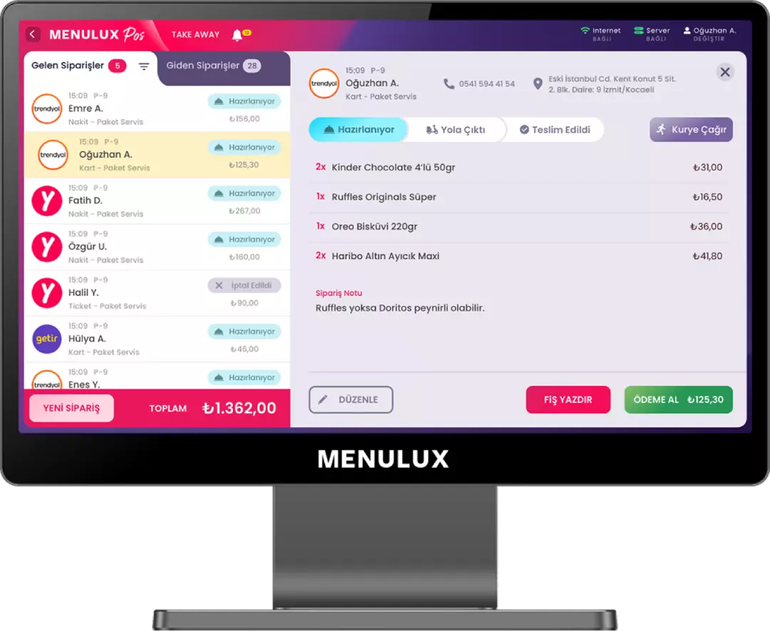 Menulux POS Sistemi - Restoran Adisyon Programı - Paket Sipariş Ekranı