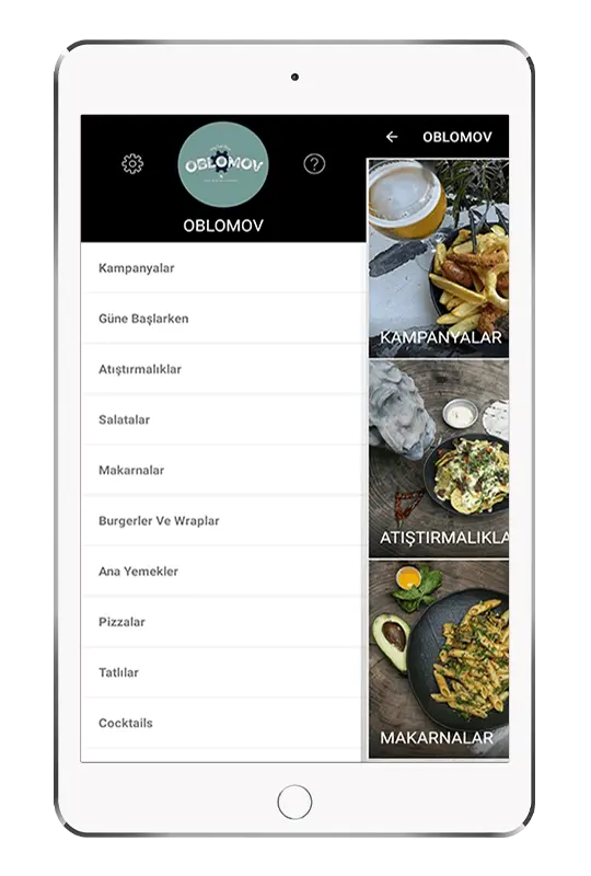 Menulux Digital Tablet Menu, Restaurant Menu and iPad menu system - Left Menu and Settings screen