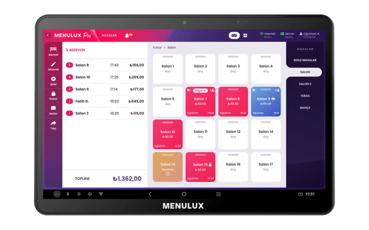 Menulux POS system ticket program restaurant automation idisplay login screen