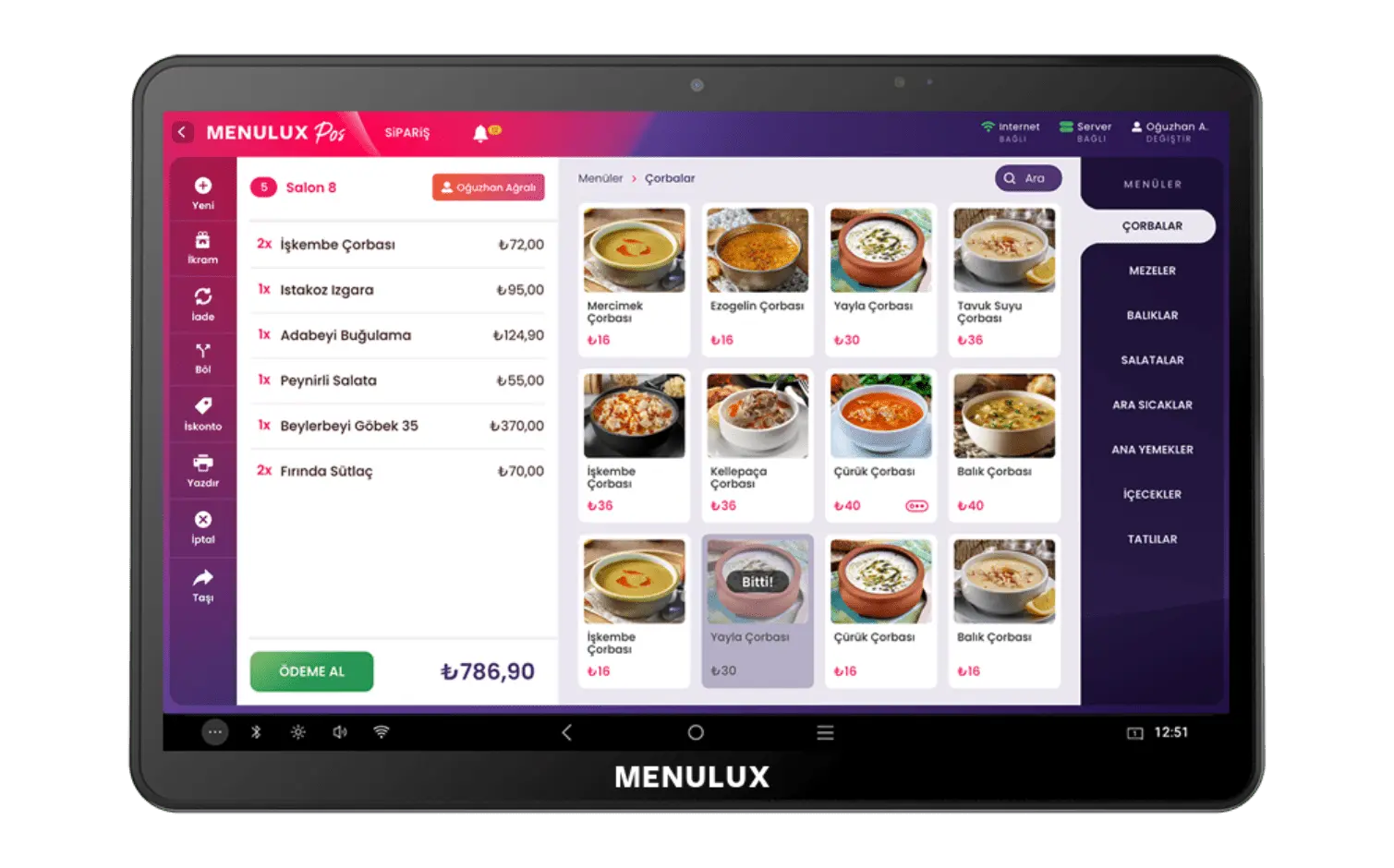 Menulux POS system billing program restaurant automation idisplay tables screen
