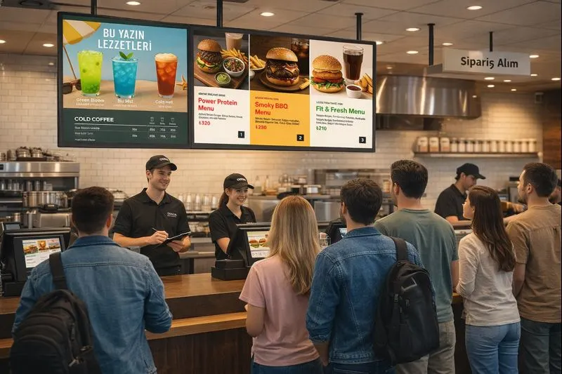 Restoranlarda dijital menuboard display sayesinde baskı maliyetlerini azaltın ve satışları artırın