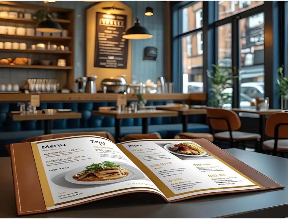 Kafe menüsü tasarımı, fiziksel menü kitapçığı ve cafe iç mekân düzeni ile müşteri deneyimi