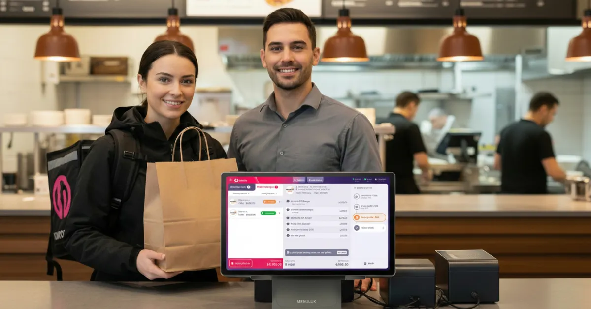 Menulux paket servis programı ile restoranda online paket siparişini yöneten kasiyer ve teslimat için sipariş alan kurye