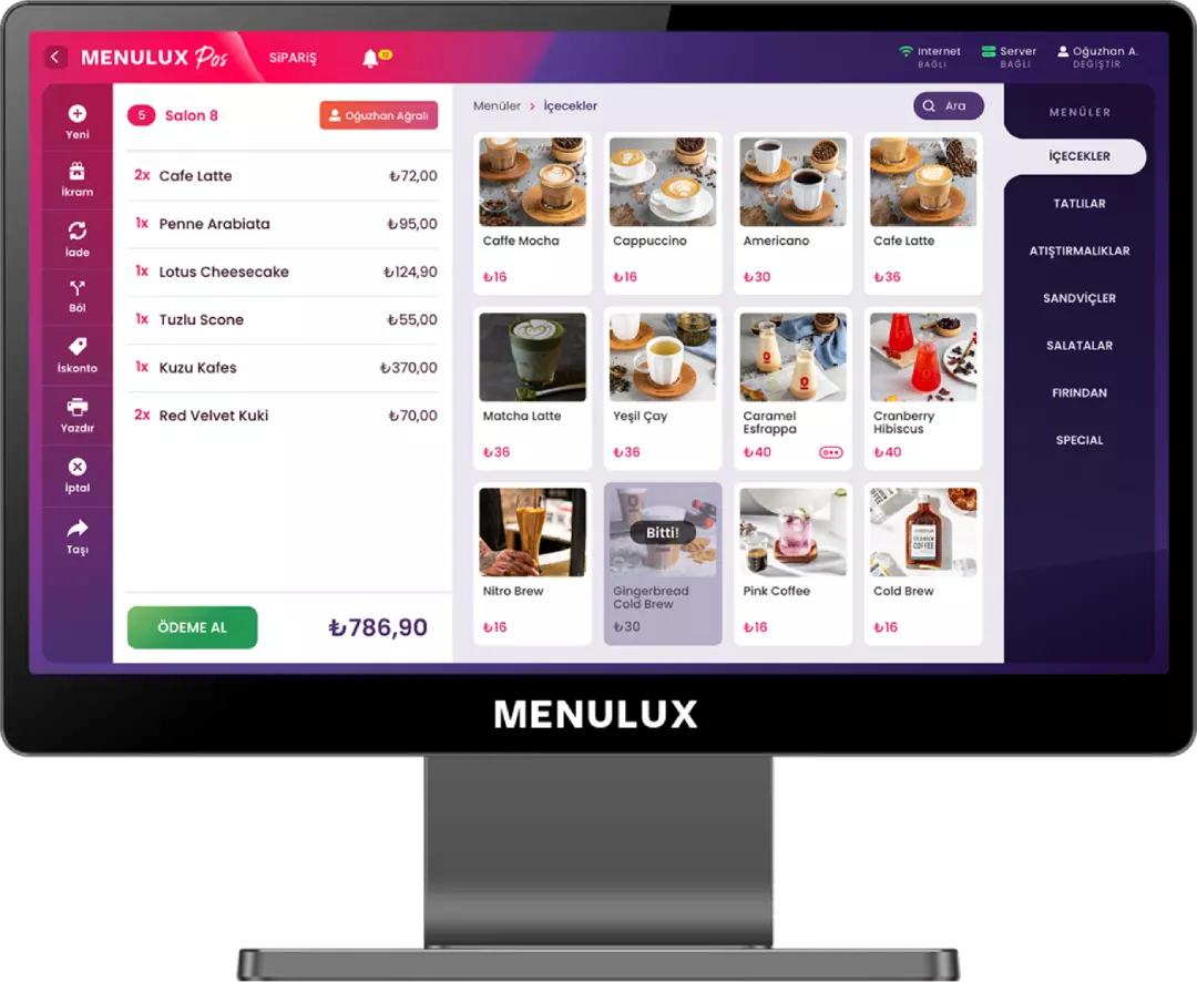 Menulux POS Sistemi Cafe Otomasyonu ve Adisyon Programı - iDisplay ürünler ekranı