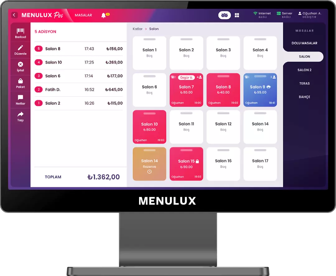 Menulux POS Sistemi Cafe Otomasyonu ve Adisyon Programı - iDisplay masalar ekranı