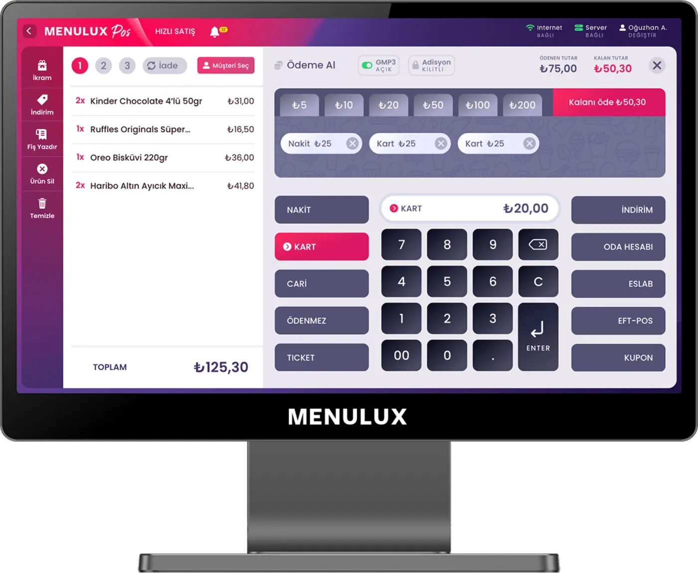 Menulux Market Otomasyonu, Barkod Sistemi, Market Satış Programı, Barkodlu Satış Sistemi, Hızlı Satış Programı ile ödeme alın