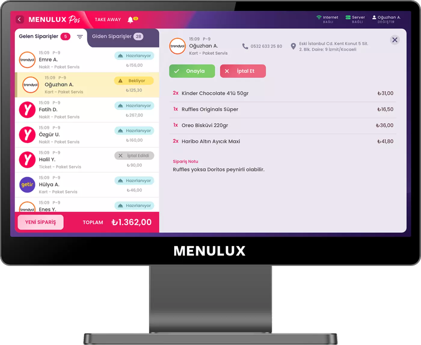 Menulux Package Service - Cafe POS System - Take Away Display